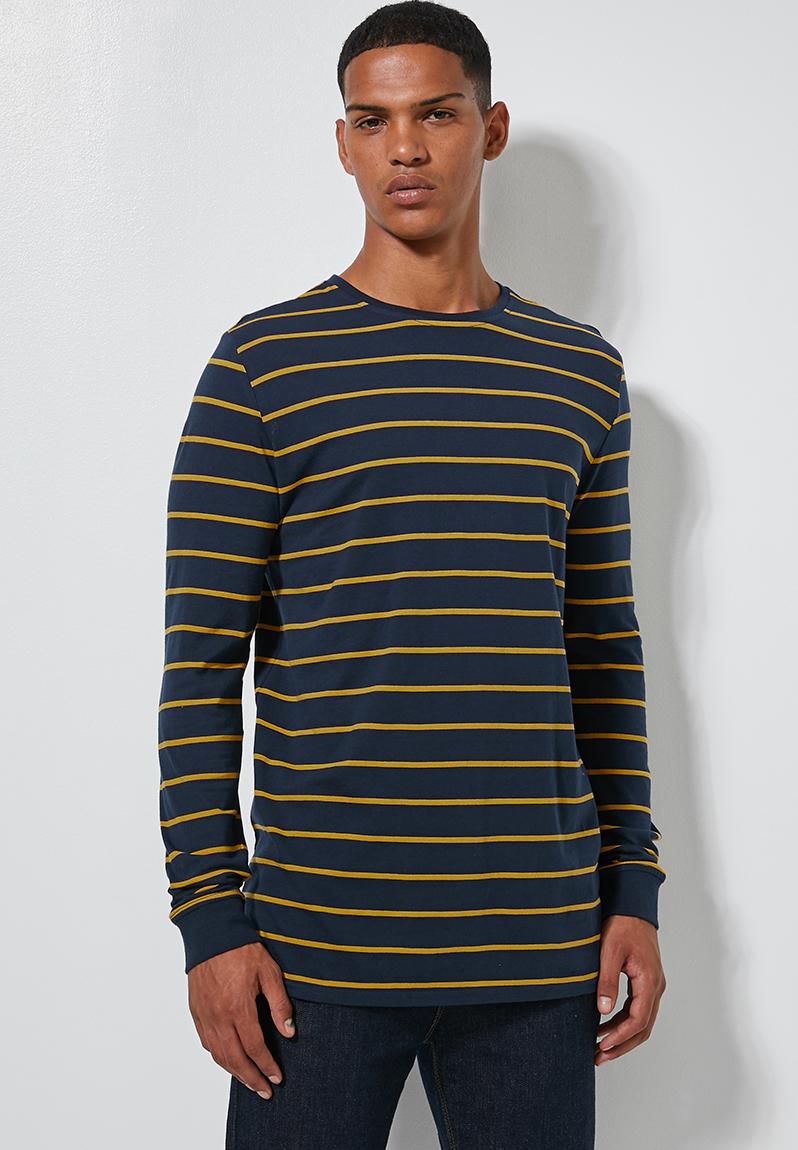 Download Stripe long sleeve crew neck tee - navy/mustard ...