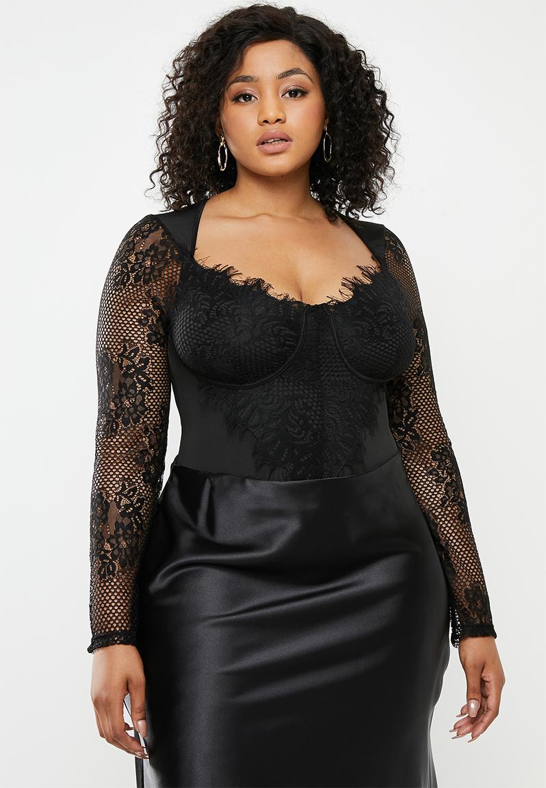 Plus lace long sleeve cupped bodysuit - black Missguided Tops ...