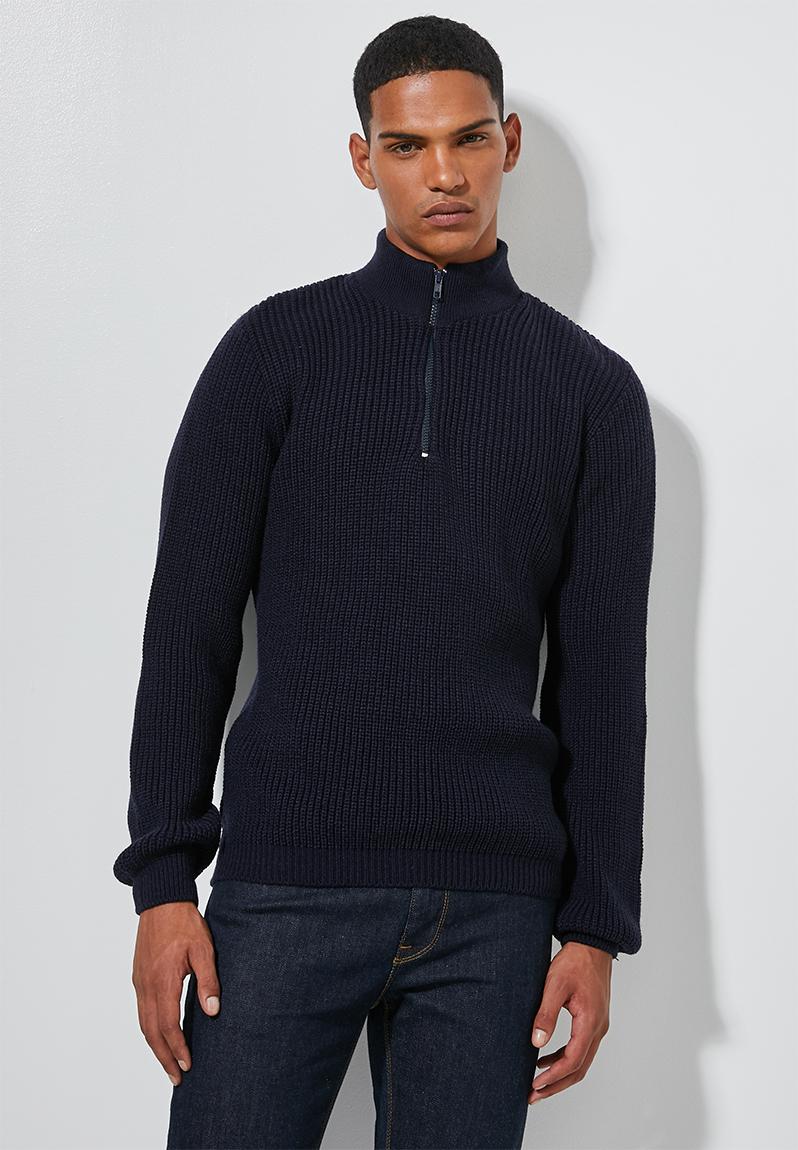 Quarter zip pullover chunky ribbed knit - navy Superbalist Knitwear ...