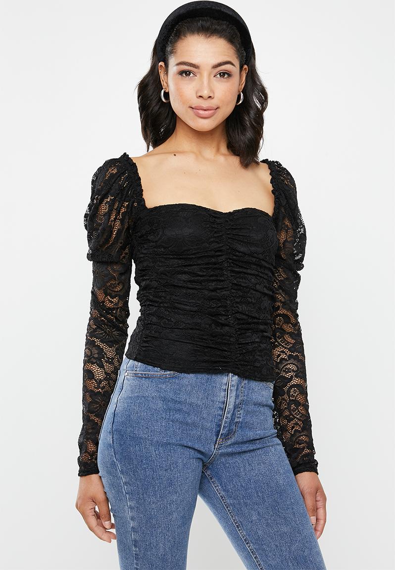 Lace ruched front milkmaid top  black Missguided Blouses 