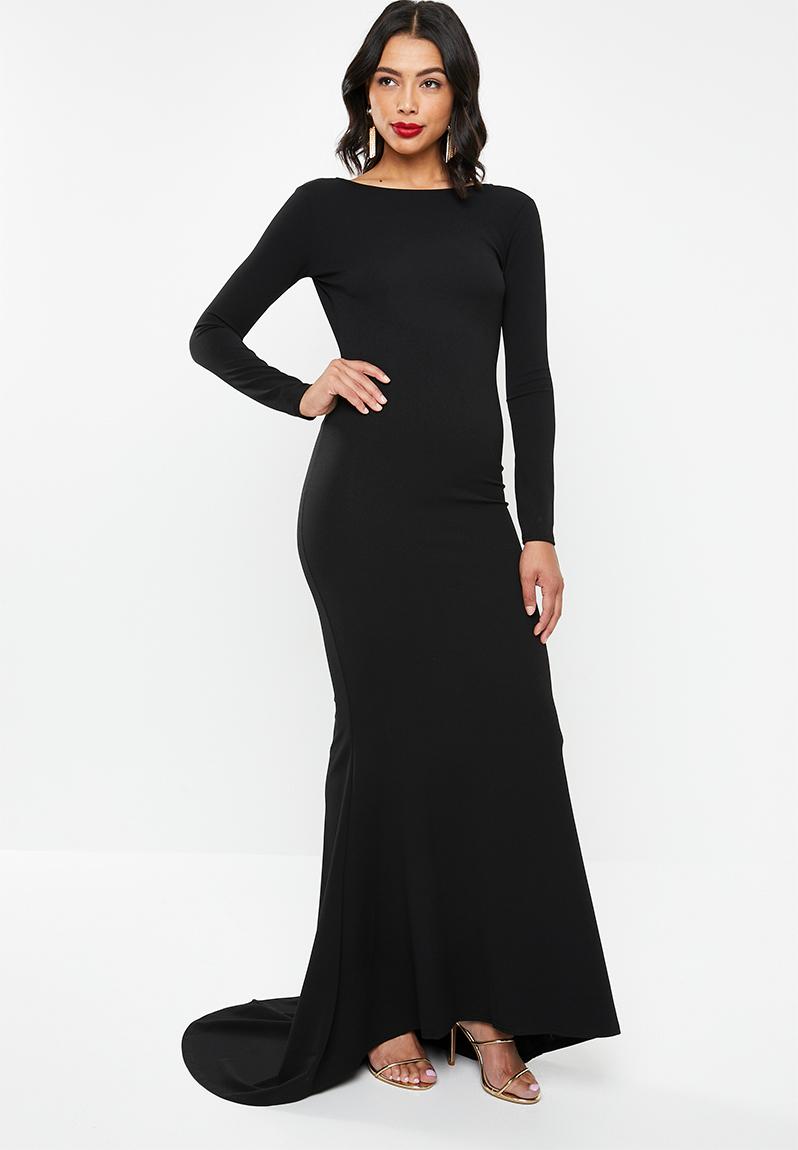 Long sleeve open back fishtail maxi - black Missguided Occasion ...