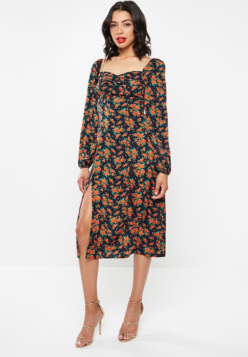 Milkmaid Long Sleeve Midi Dress Floral Navymulti Missguided Occasion 