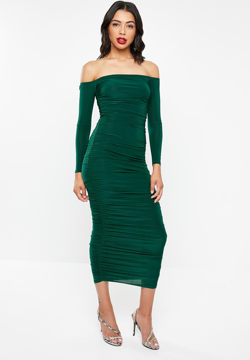 Bardot slinky ruched midi dress - deep green Missguided Occasion ...