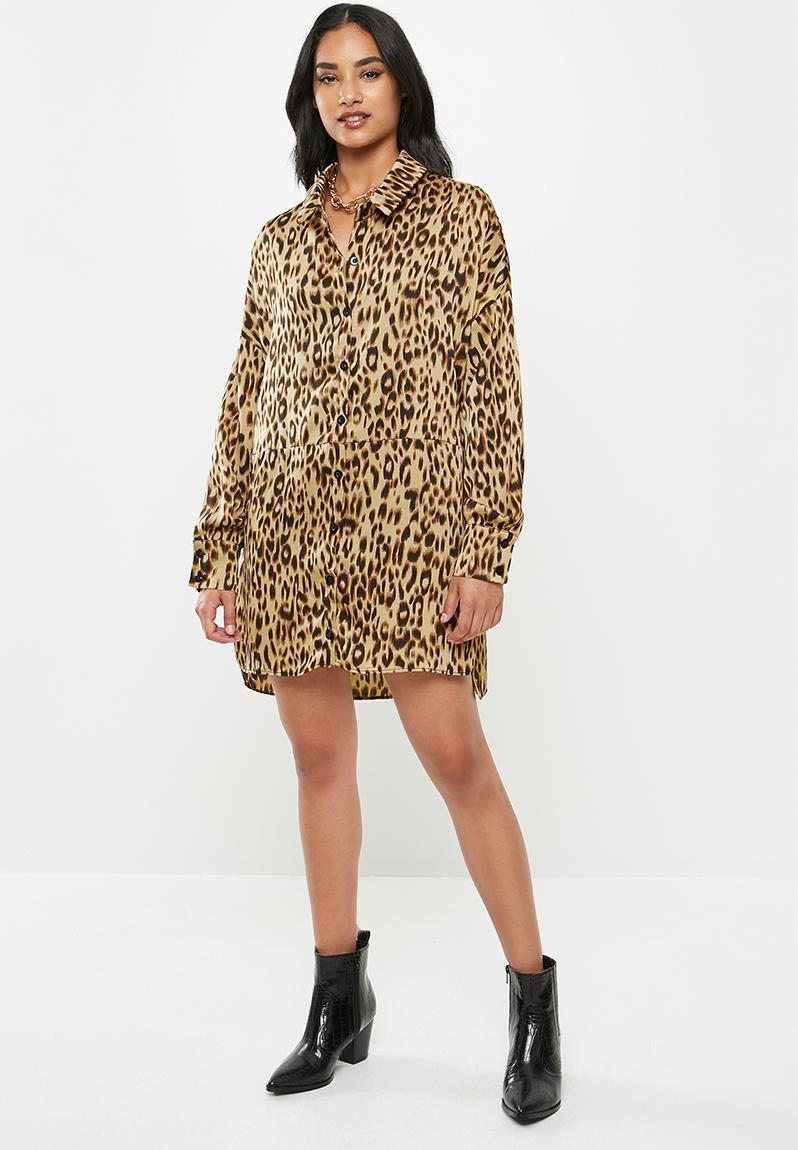 Petite oversized leopard shirt dress - brown Missguided Dresses ...