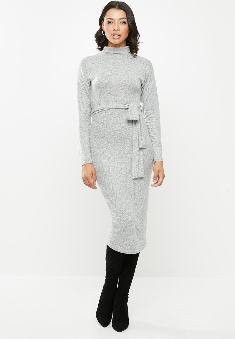 Brushed knit high neck belted midi dress grey Missguided Formal
