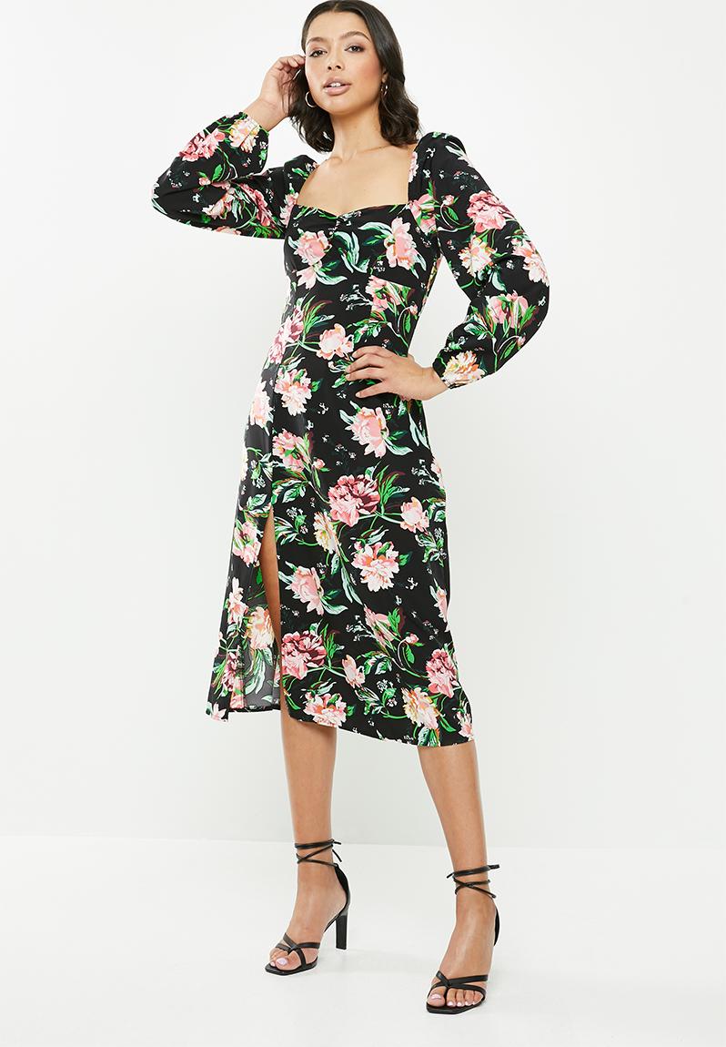 Milkmaid ruched puff sleeve dress floral - black Missguided Formal ...
