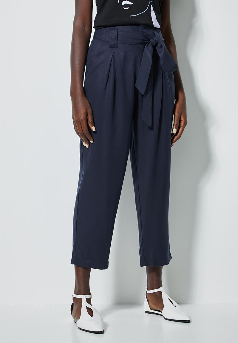 navy blue paperbag trousers