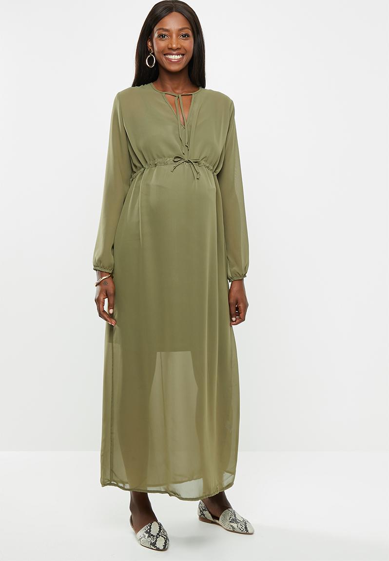 knee length dresses for ladies Divine Timing Bottle Green Maternity Maxi Dress With Cape Sleeves – Club L  London main image 0