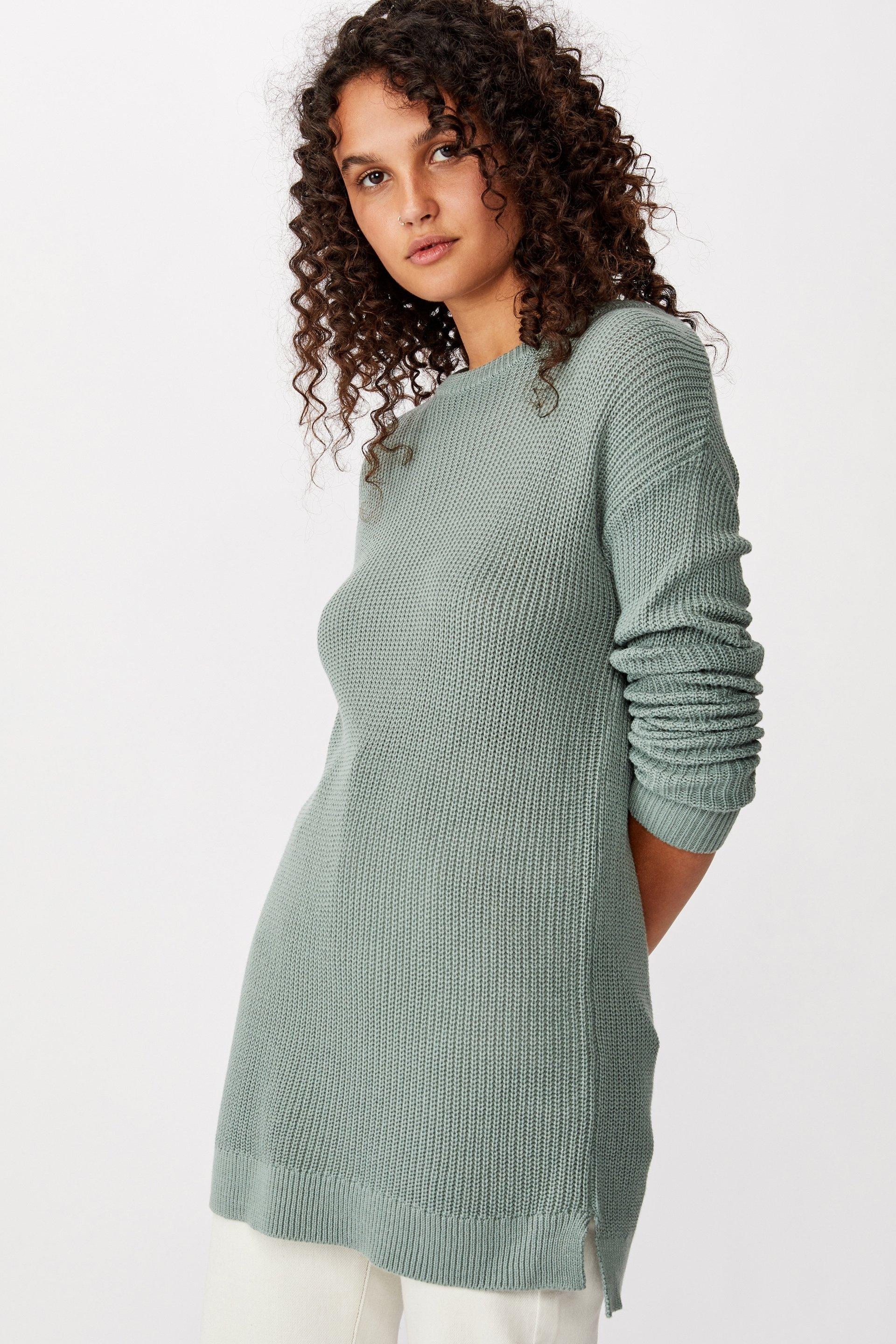 Green Hacci Brushed Crew Pullover Crop