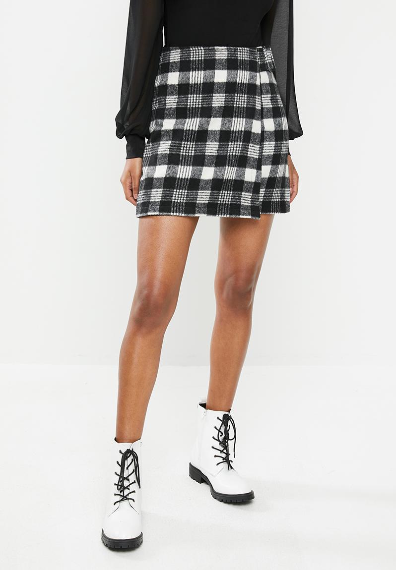 A-line wrap over woollen check buckle mini skirt - black & white Blake ...