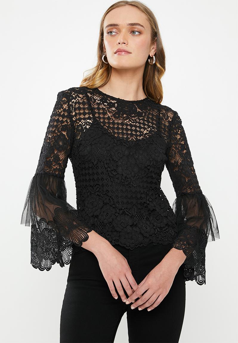 Corded lace bell sleeve blouse with trim - black MILLA Blouses ...