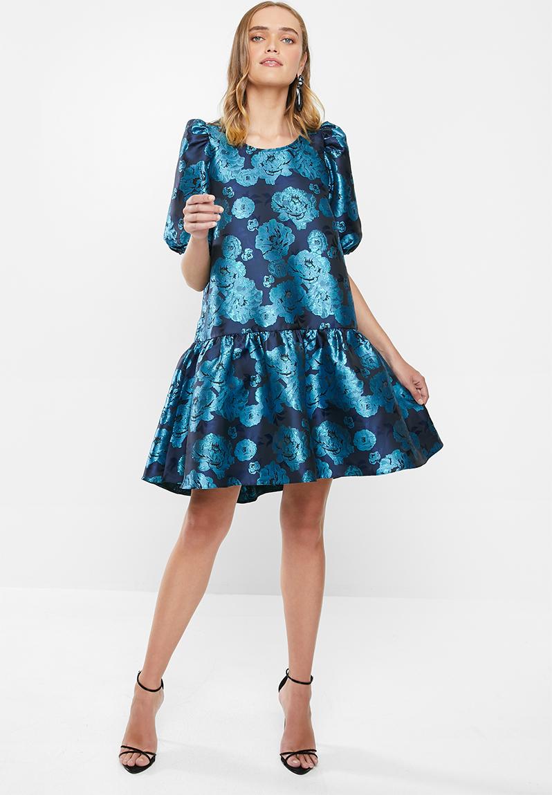 Puff sleeve brocade tiered mini dress with round neck - blue floral ...