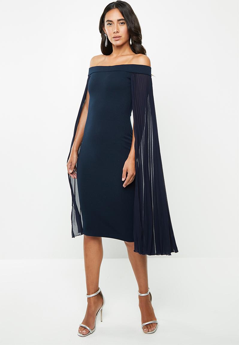 Bardot crepe midi bodycon chiffon pleated cape sleeve- ink VELVET ...