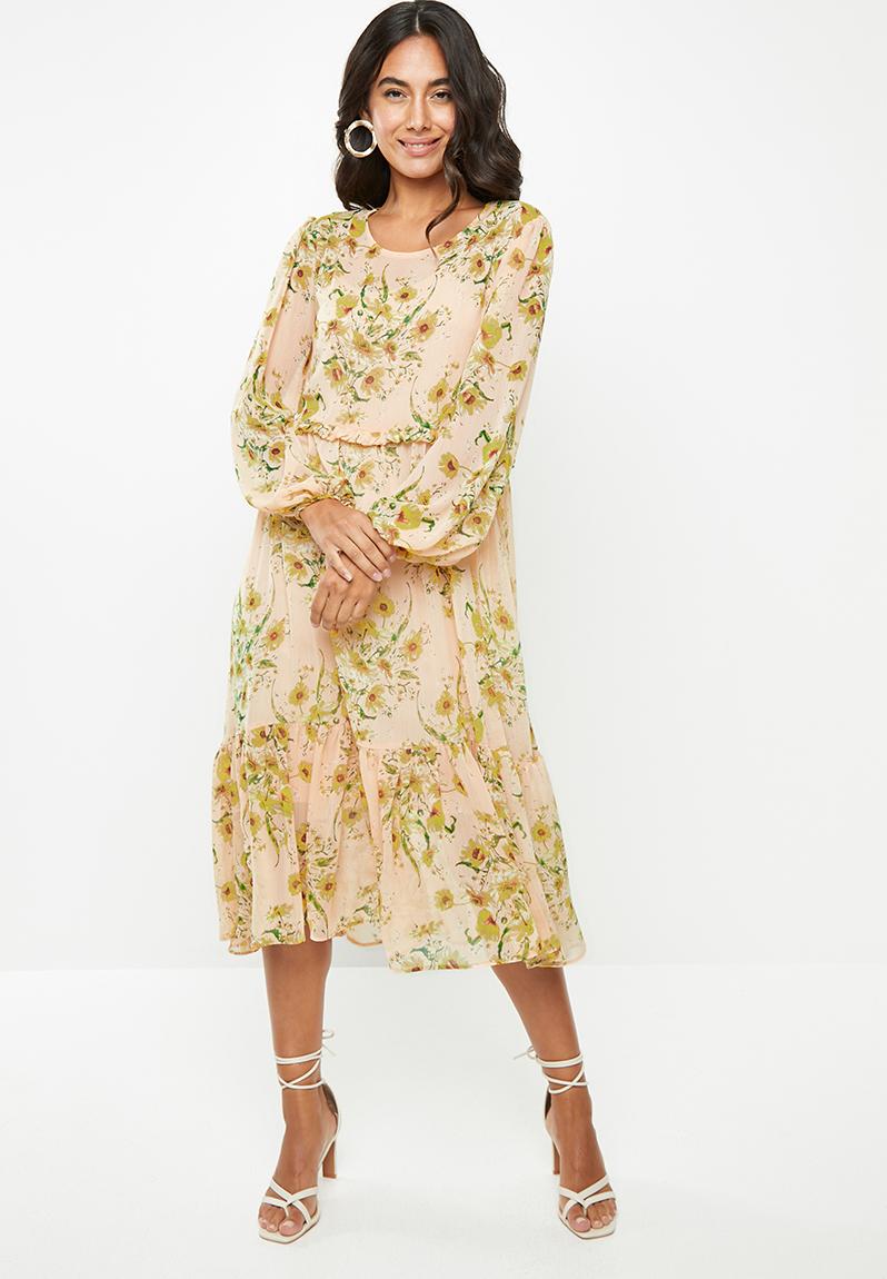 Floral printed chiffon tiered crew neck long sleeve midi dress - peach ...