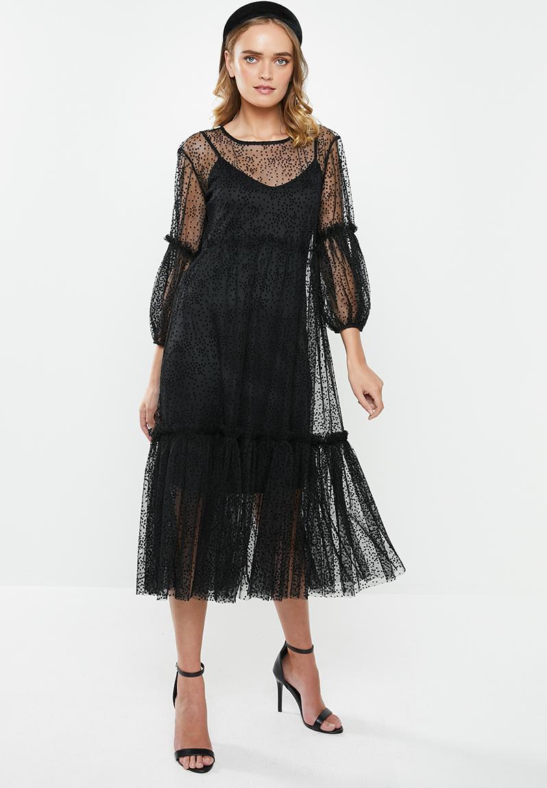 Sheer flocekd tulle tiered midi dress with cami lining-black MILLA ...
