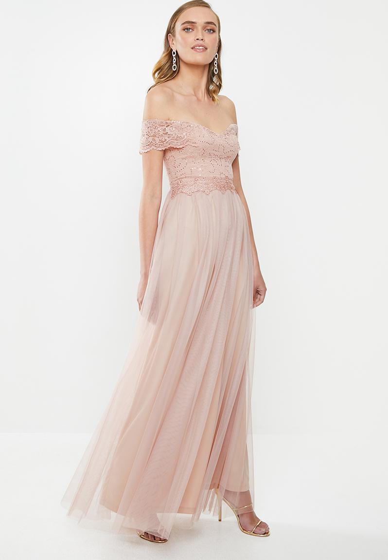 Irresistible Floral & Sequin Detail Bardot Neckline Dress Petal Pink IR7533E main image 1