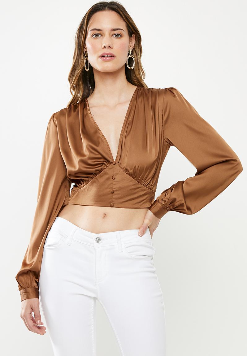 Satin covered button corset blouse - bronze Missguided Blouses ...