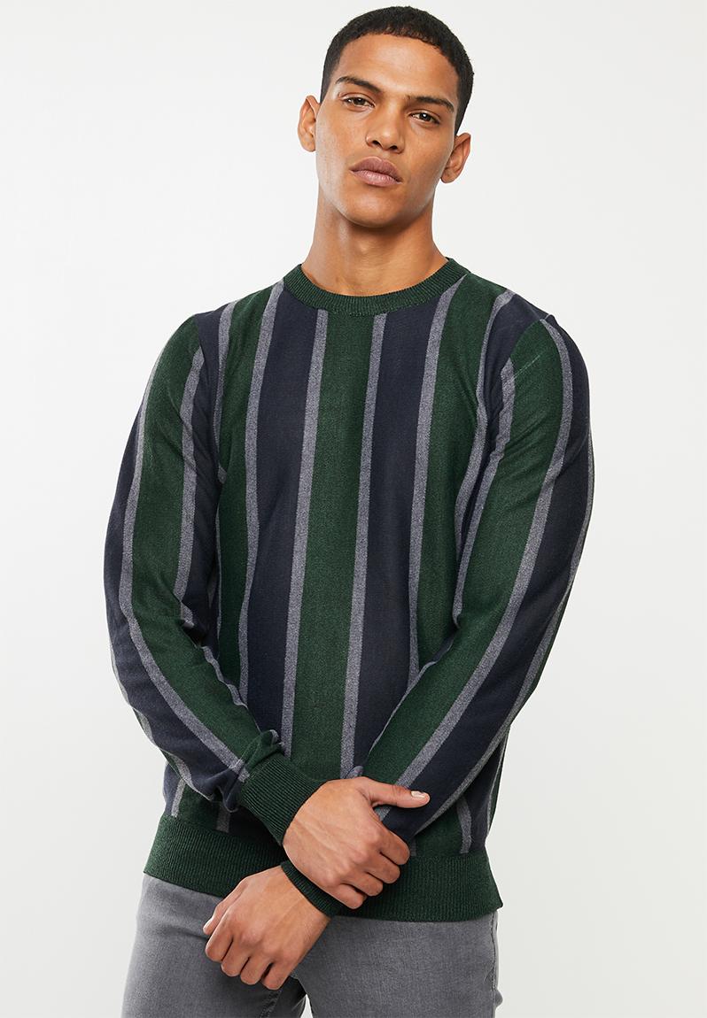Lyons vertical stripe crew knitwear - green/grey/navy Brave Soul ...