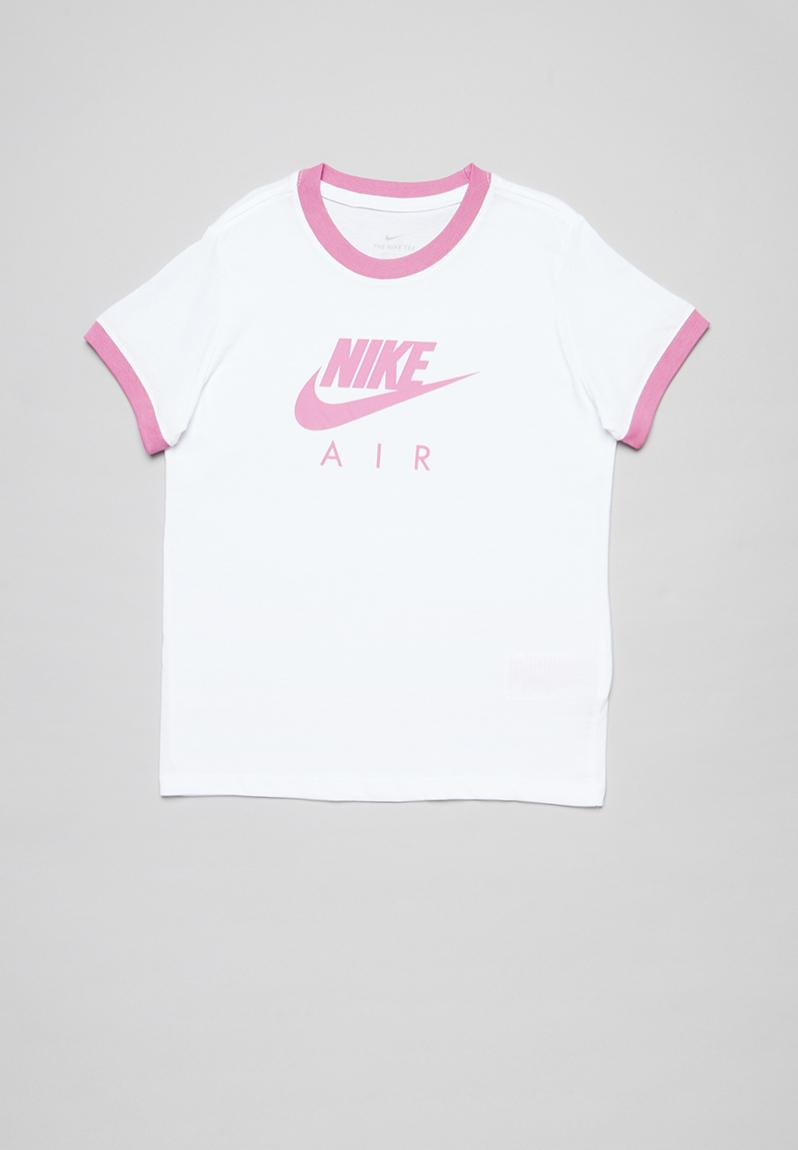 white nike shirt with pink logo