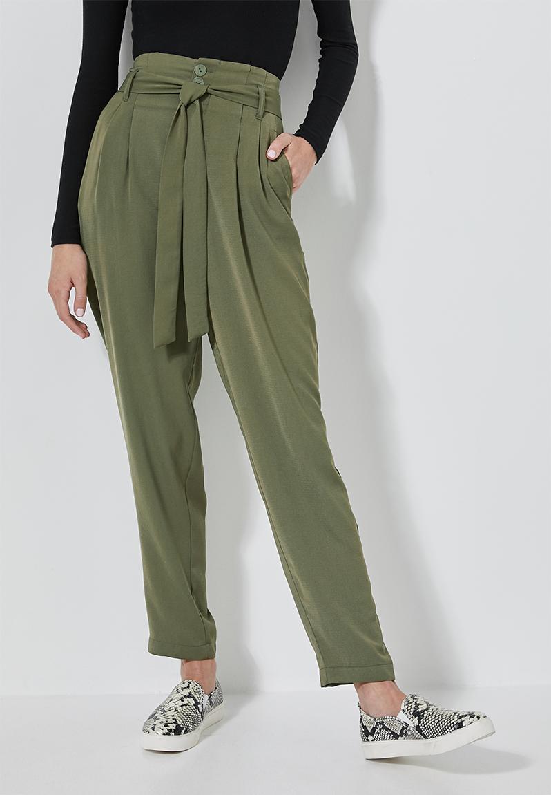 khaki green paperbag trousers