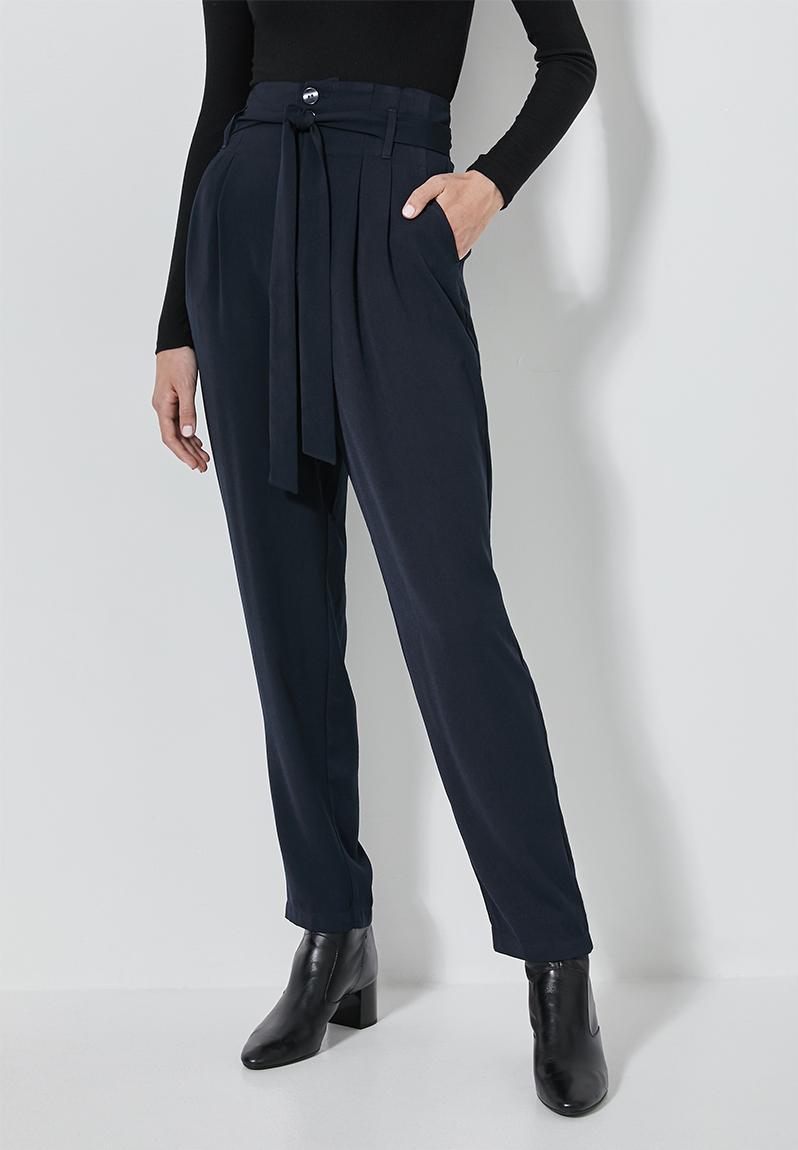 navy blue paperbag trousers