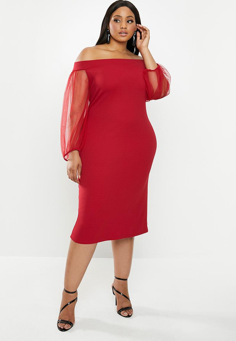 Bardot midi bodycon dress with tulle sleeve balloon sleeve - red MILLA ...