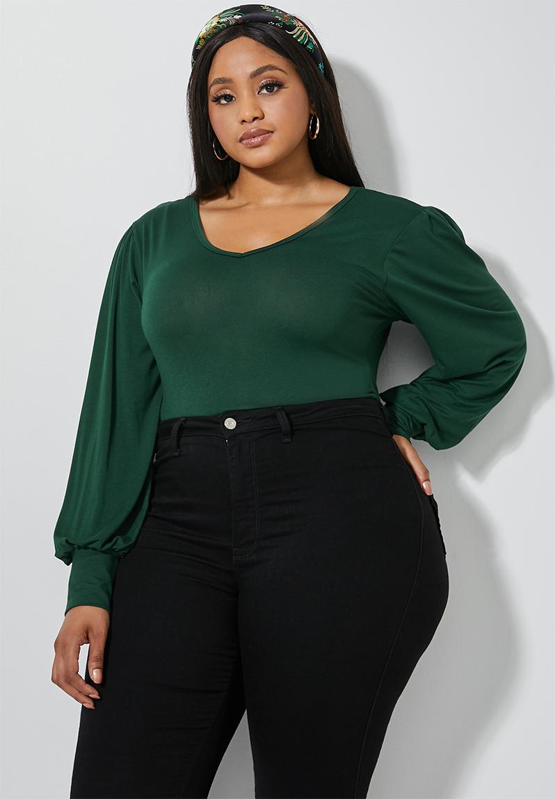 V-neck puff sleeve bodysuit(plus) - green Superbalist Tops ...