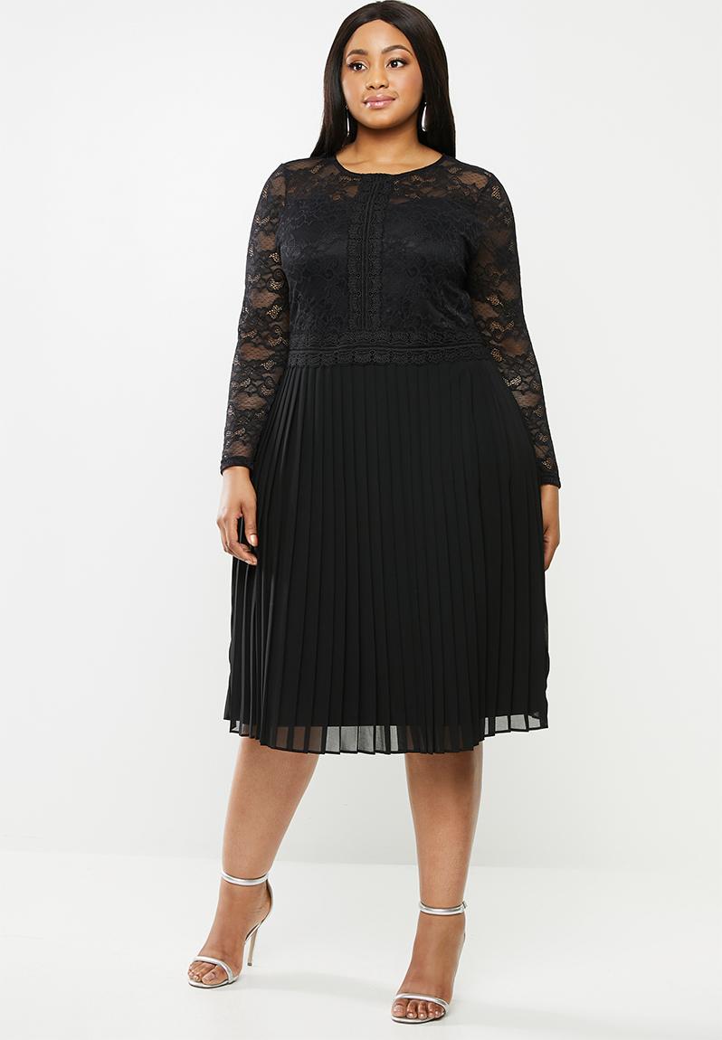 Lace combo pleated midi dress with trim detail - black MILLA Dresses ...