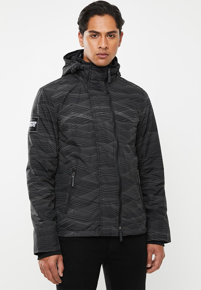 Hooded artic print pop zip windcheater - black & grey Superdry. Jackets ...