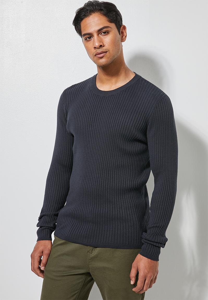 Ribbed slim fit crew neck knit - navy Superbalist Knitwear ...