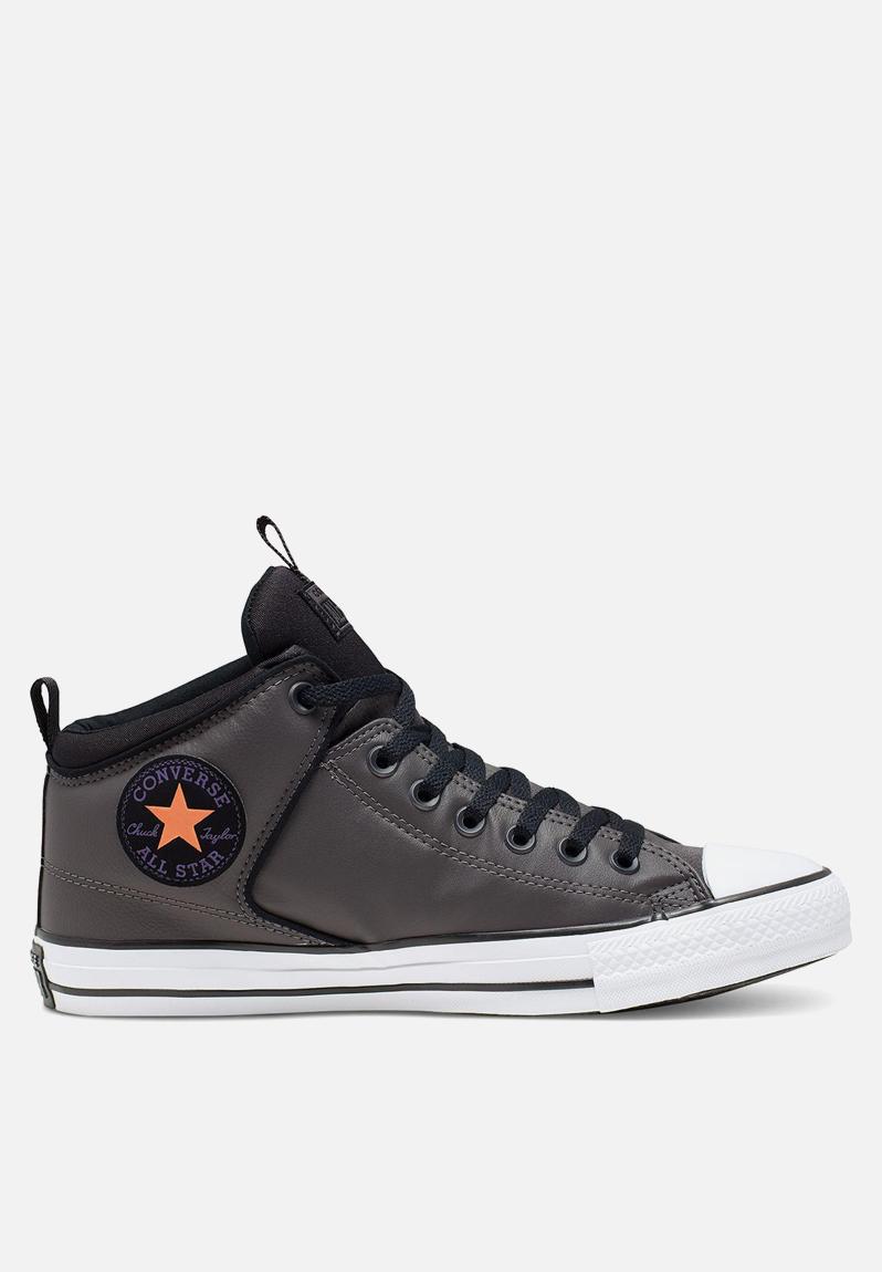 black and grey high top converse