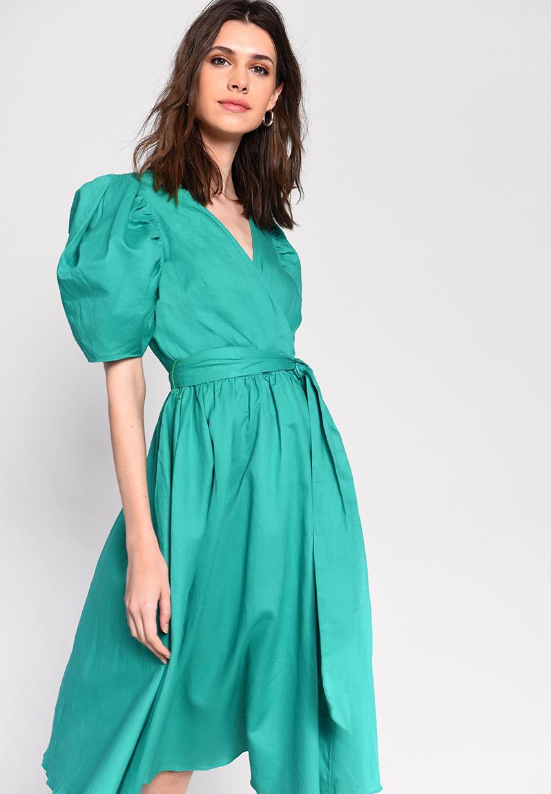 Full skirt wrap dress with puff sleeve - green Glamorous Occasion ...
