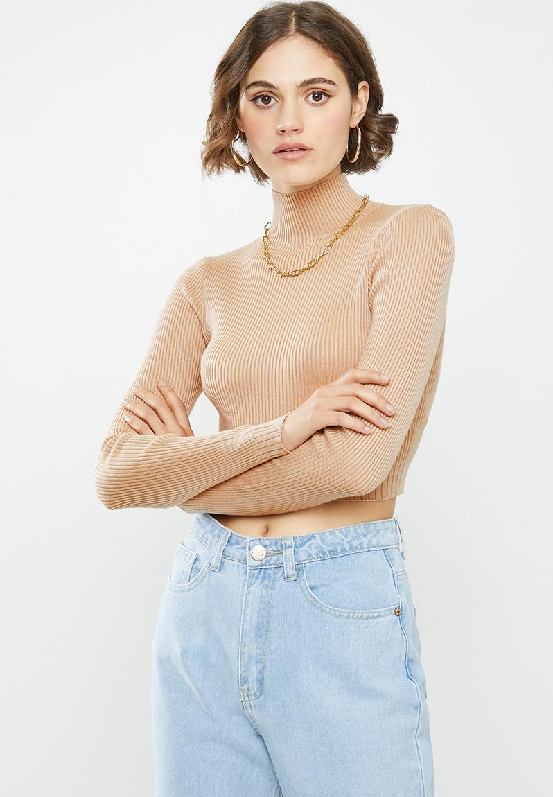 High neck rib detail knitted crop top - sand Missguided Knitwear ...