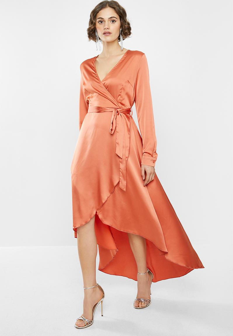 High low wrap midi dress long sleeve - rust Missguided Occasion ...