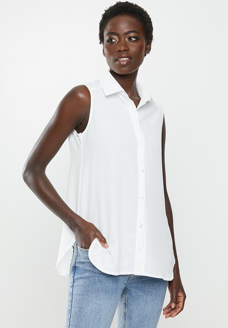 sleeveless white button up