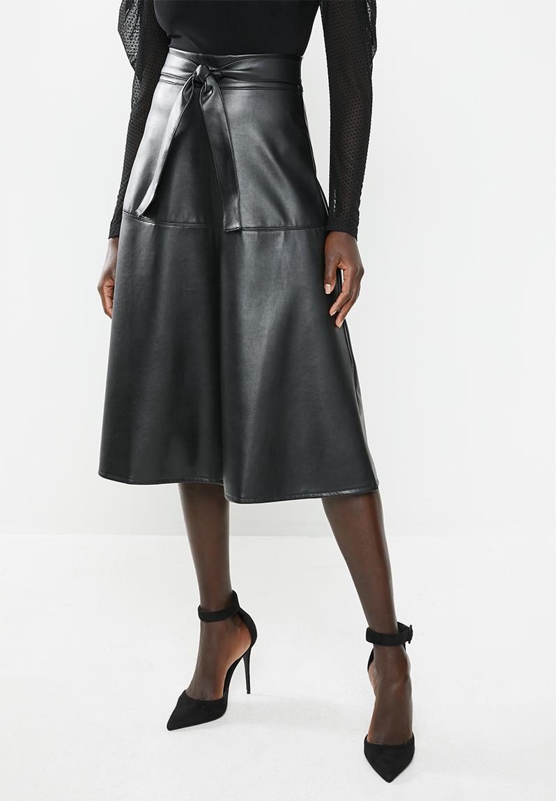 Paneled pleather midi circle skirt with self belt - black MILLA Skirts ...