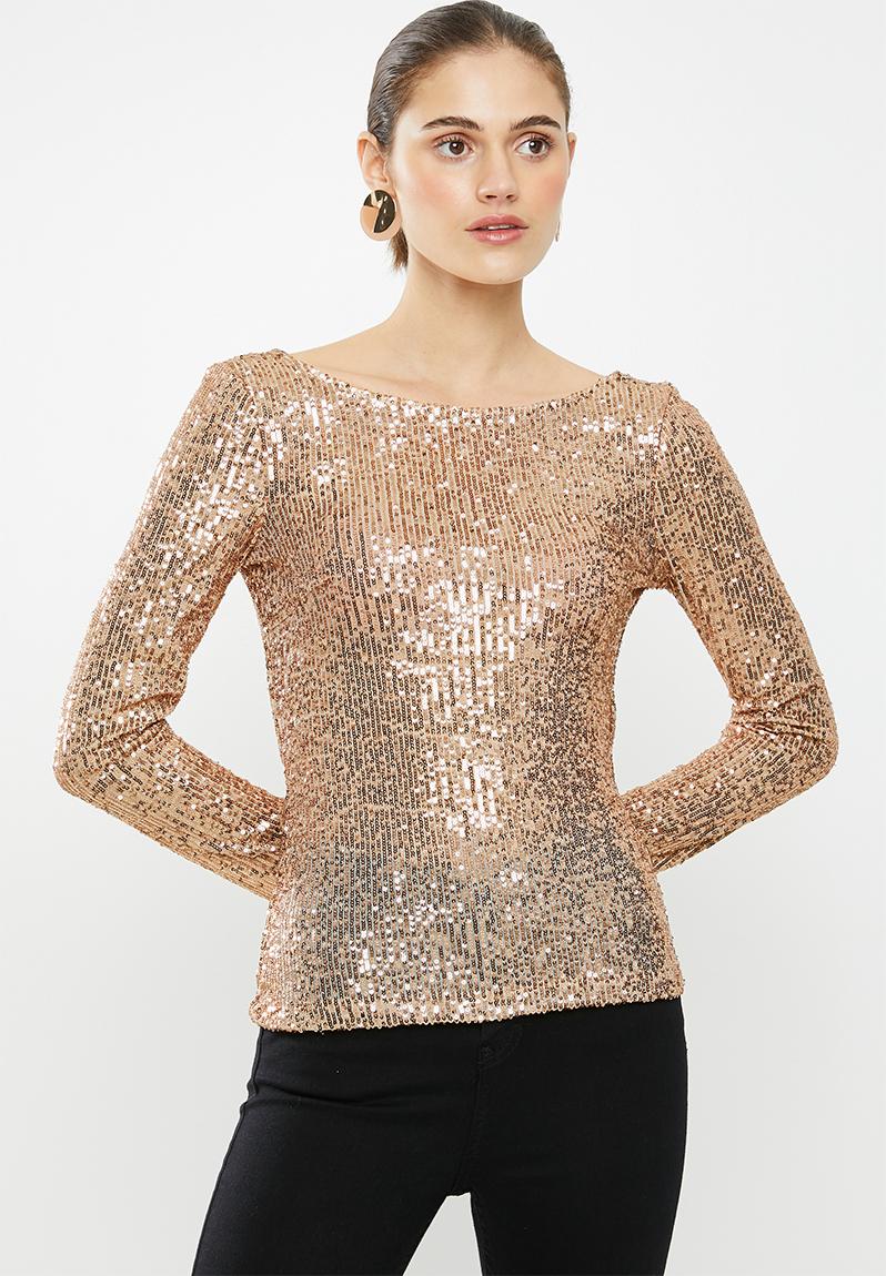 Sequins cowl back long sleeve top - bronze VELVET T-Shirts, Vests ...