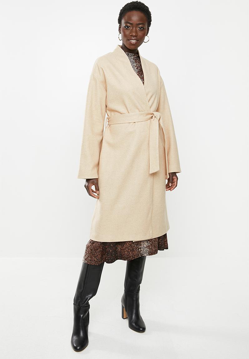 Knitted melton collarless coat with tie belt - beige MILLA Coats ...