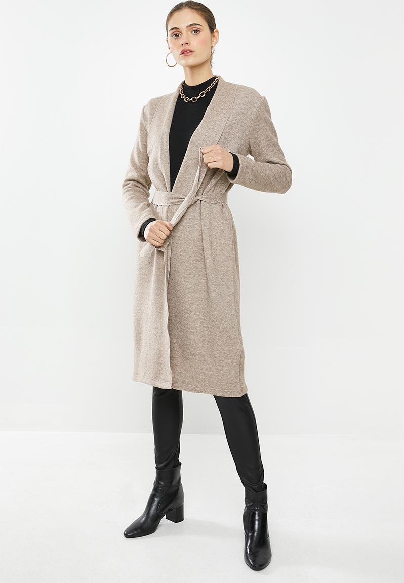 Premium brushed jersey self belt midi robe cardigan long sleeve-mocca ...