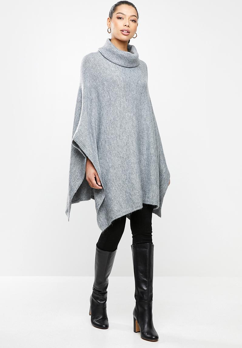 Women's V-Neck Striped Grey Poncho