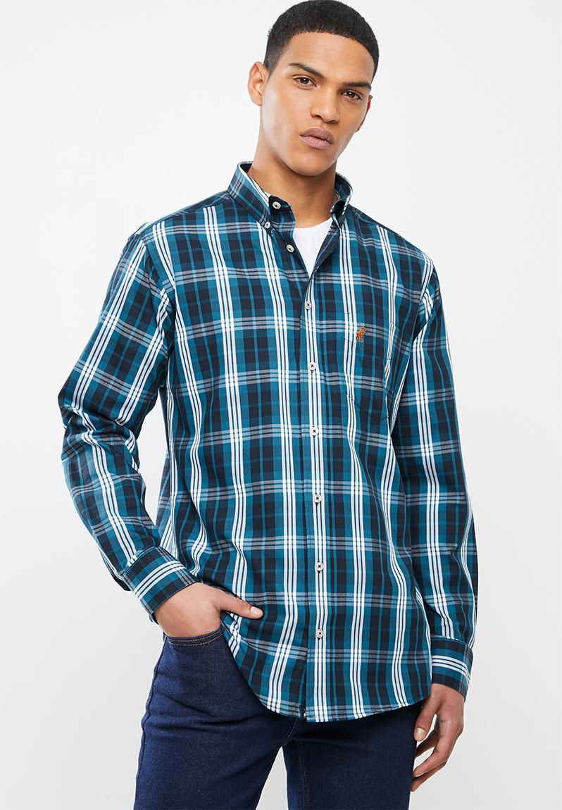 Keaton long sleeve checked weekender shirt- teal POLO Formal Shirts ...