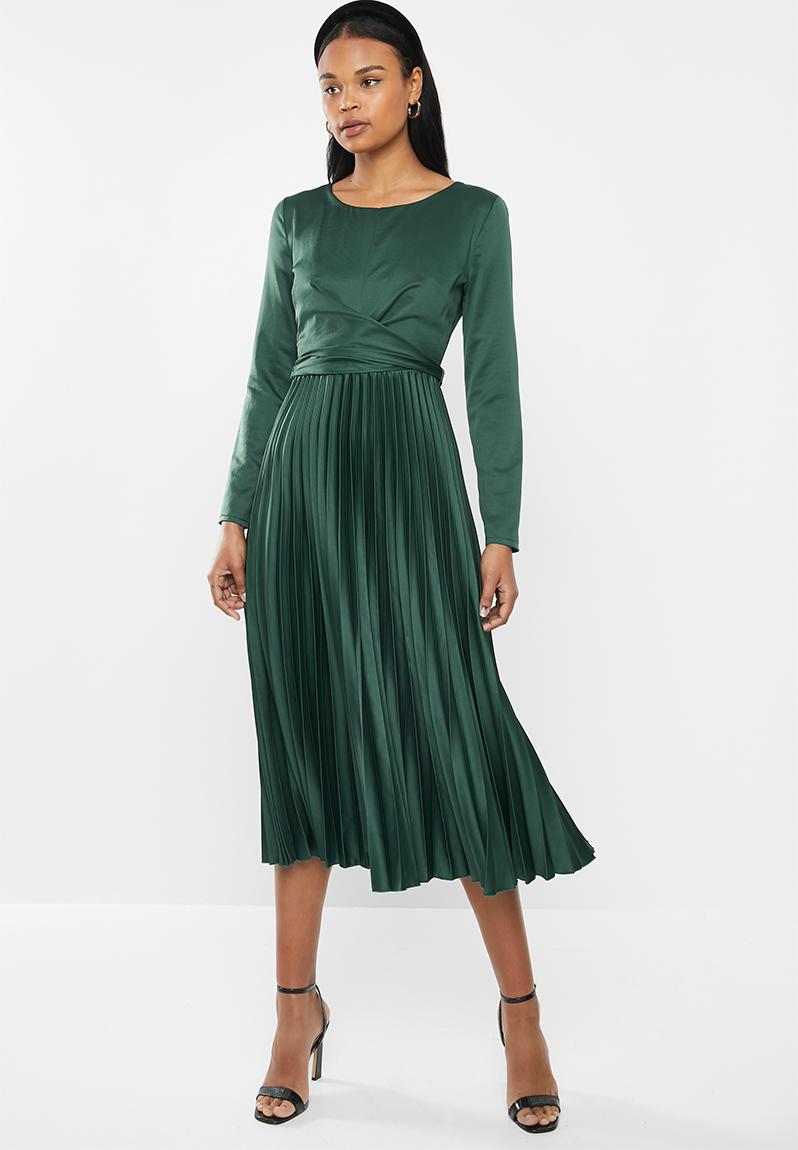 Wrap front sueded satin midi dress with pleated skirt - bottle green ...
