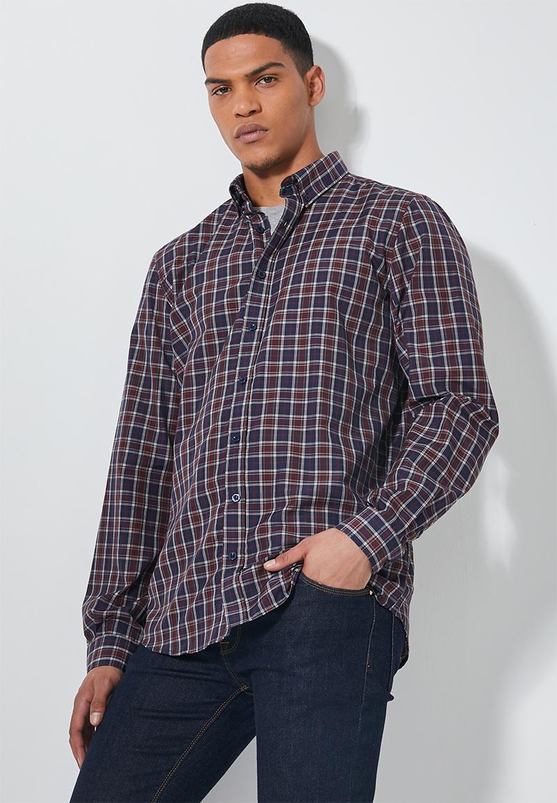 Barber regular fit long sleeve shirt - navy/burgundy check Superbalist ...