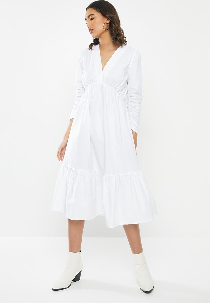 Cotton poplin vneck long sleeve tiered midi dress - white VELVET Casual