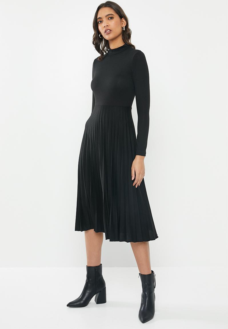 Brushed knit turtle neck pleated fit and flare midi dress black 1 ...