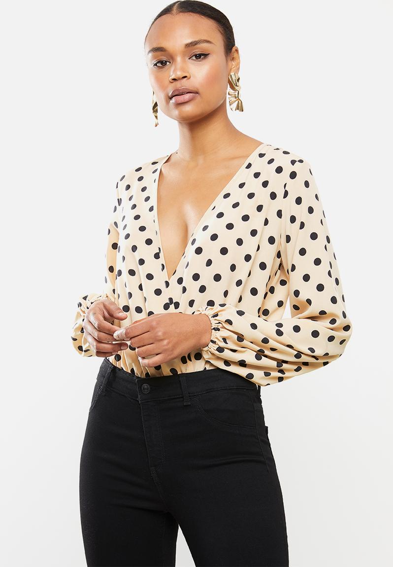 Polka Dot Balloon Sleeve Wrap Bodysuit Cream Missguided T Shirts