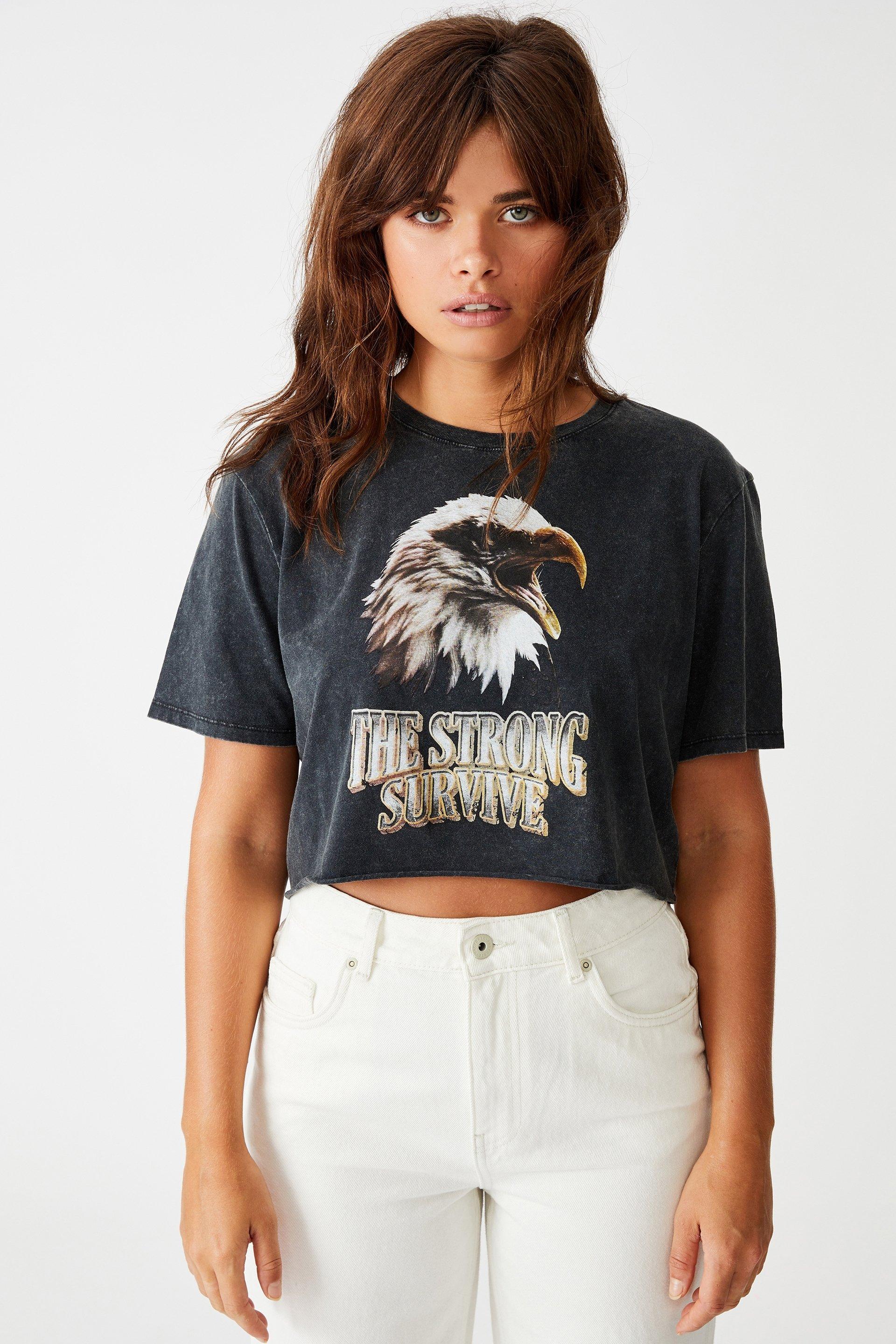 Short sleeve raw edge crop t shirt the strong survive - washed black ...