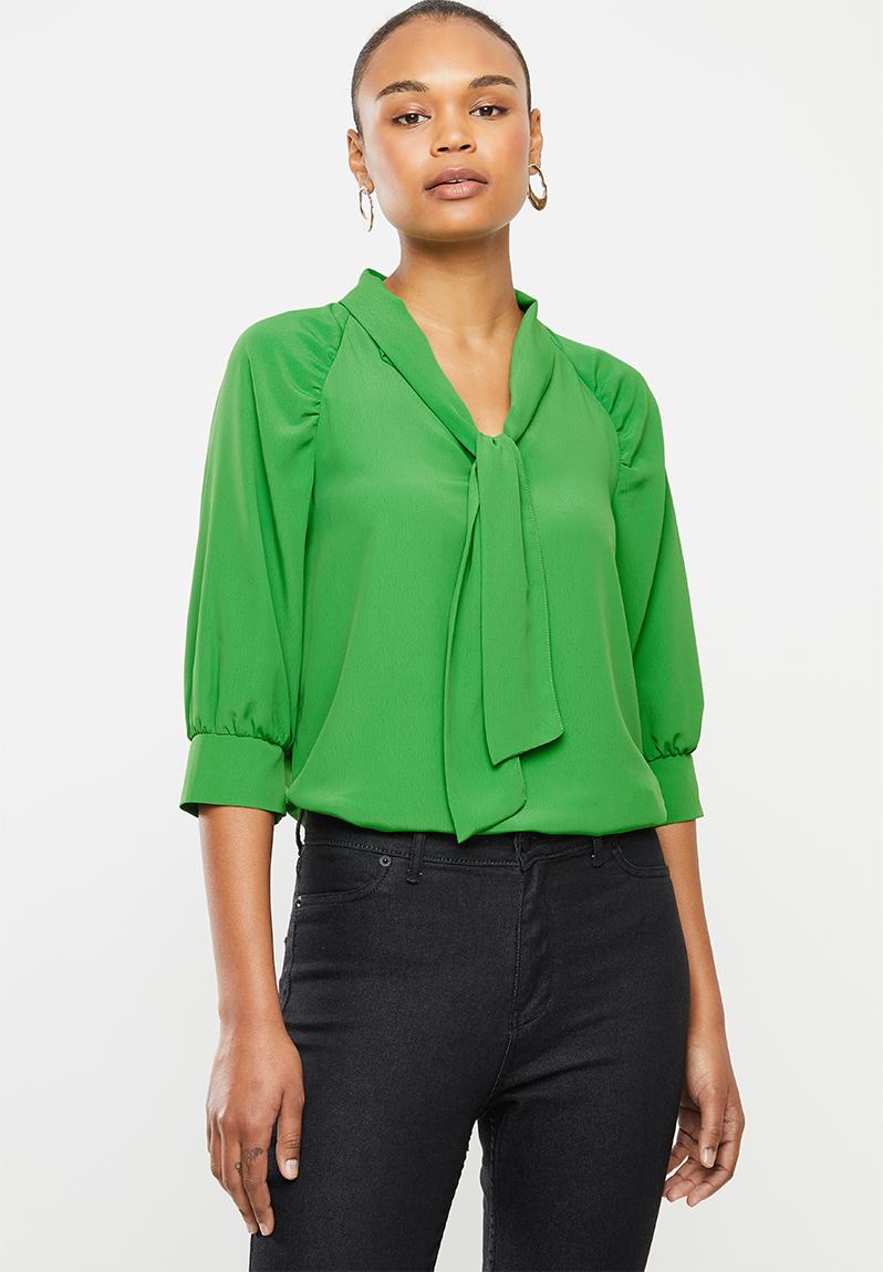 Satin kitty bow blouse wth cuff - green MILLA Blouses | Superbalist.com