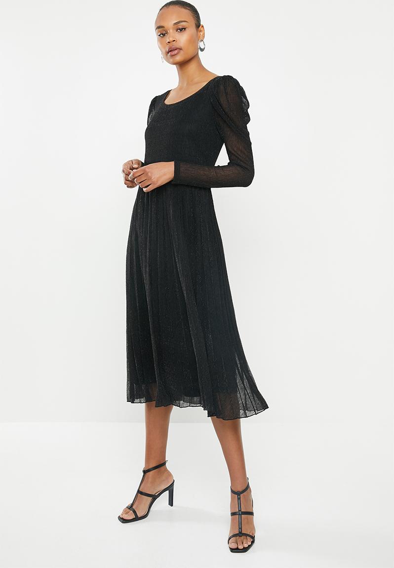 Plise shimmer knit puff sleeve dress with pleated skirt - black MILLA ...