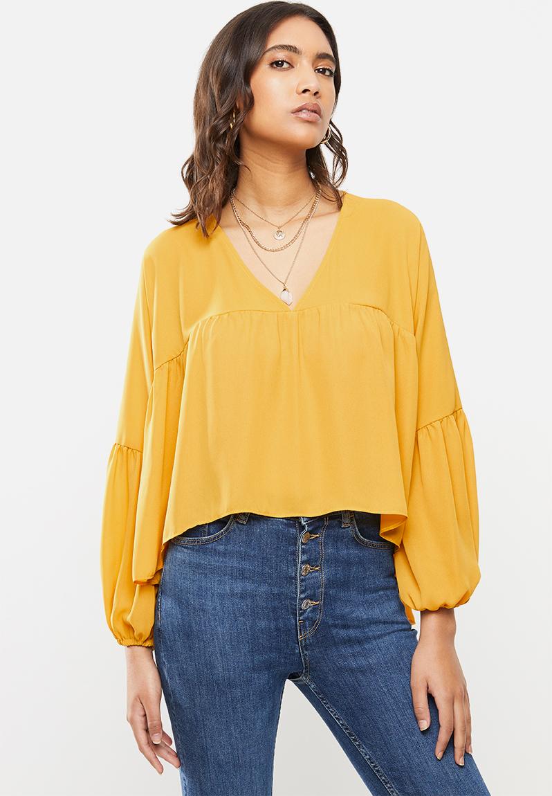 Georgette trapeze hi-low - puff long sleeve blouse - yellow VELVET ...